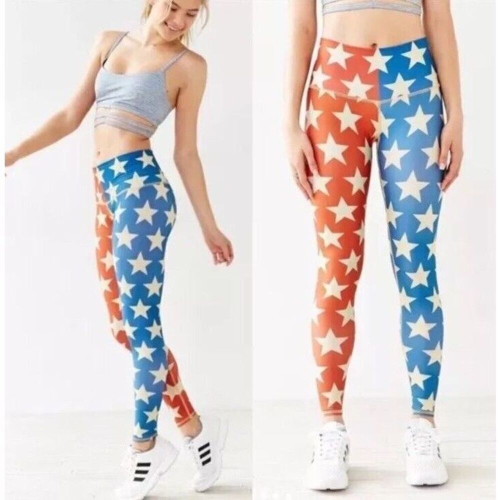 Teeki Leggings Star Power Pilates Yoga AntiMicrobial Red White Blue Fitness Sz M